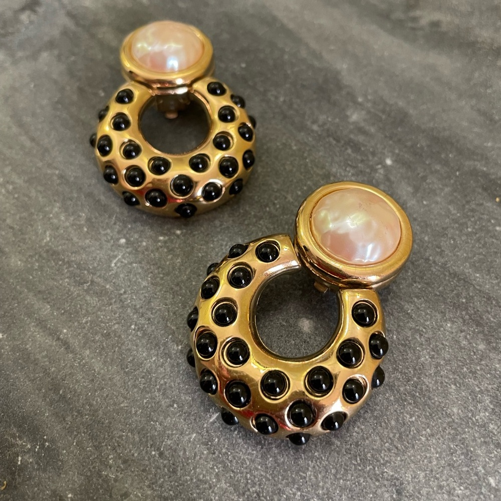 Vintage Givenchy Gold Faux Pearl Black Onyx Door Knocker Clip On Earrings